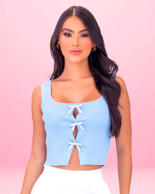 Blusa Rib Azul Con Detalles de Moños