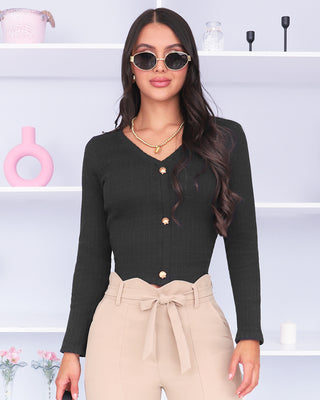 Blusa Tejida de Manga Larga con 3 Botones de Concha