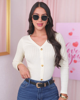 Blusa Tejida de Manga Larga con 3 Botones de Concha