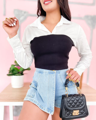 Camisa Manga Larga en Popelina y Tejido