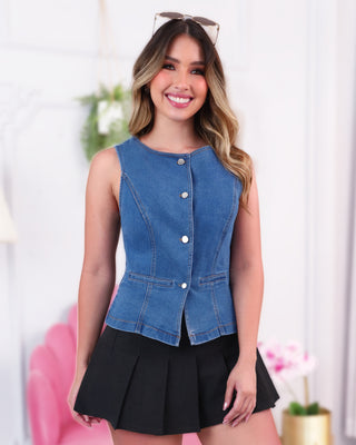 Chaleco de Jean con Bolsillos y 4 Botones Plateados