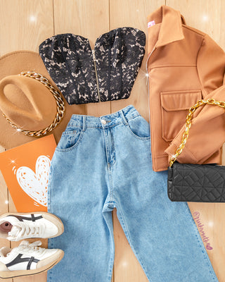 Crop Top Negro Strapless de Encaje con Cremallera Delantera