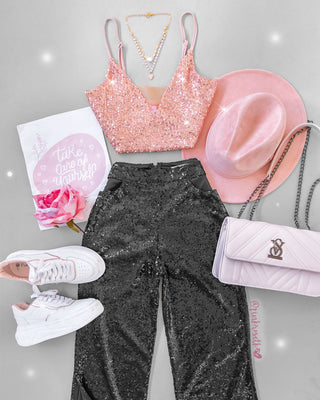 Pantalón negro lentejuelas con abertura en la cintura