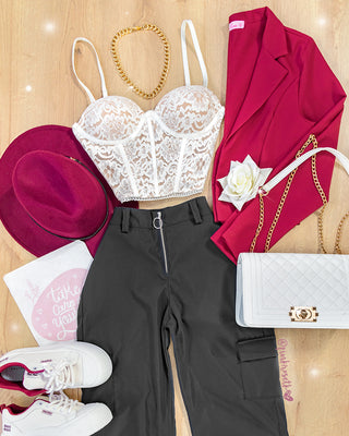 CROP TOP ENCAJE COPAS TIRAS CORSET ATRAS