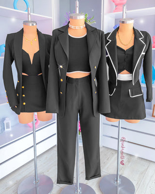 Set negro y franja blanca blazer y falda short bolsillos falsos