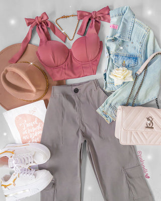 Pantalón gris ceniza bota recta cargo ajustable en la cintura