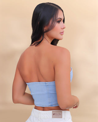 Crop Top en Jean Strapless con Cremallera Frontal