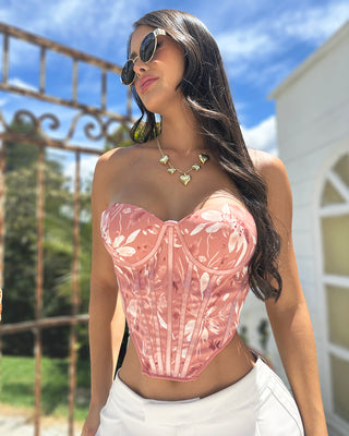Crop Top con Copas y Estampado Flores  – Estilo Corset