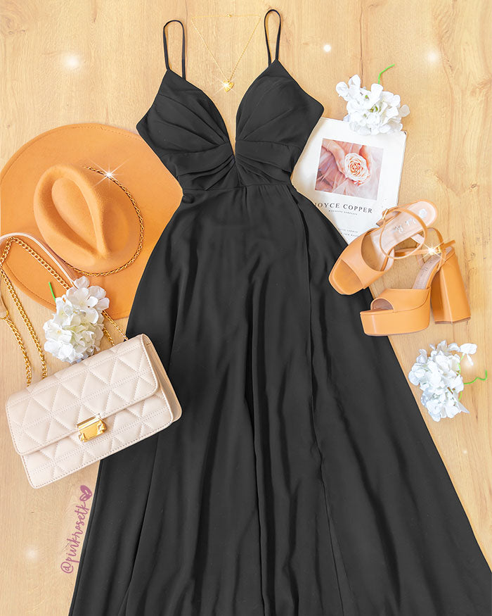 Vestido negro, largo, elegante escote v – Pink tk