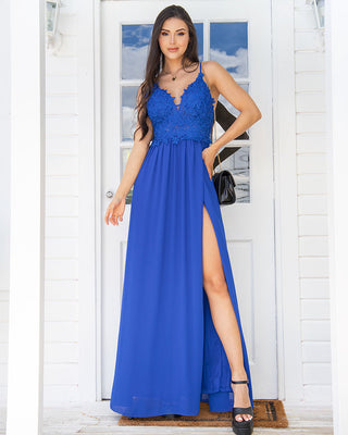 Vestido de noche largo de encaje con brillos, elegante, azul real