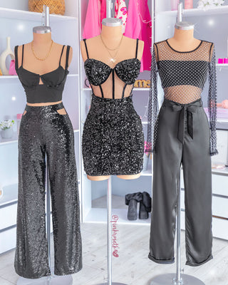 Pantalón negro lentejuelas con abertura en la cintura