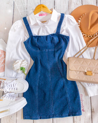 Vestido denim corto ceñido de tiras