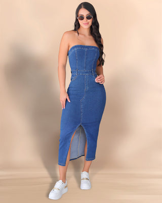 Vestido de jean strapless con abertura adelante