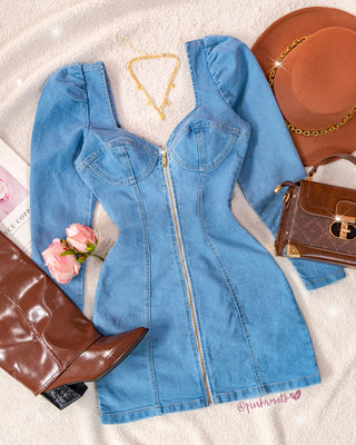 Vestido Corto en Jean con Manga Larga y Cremallera