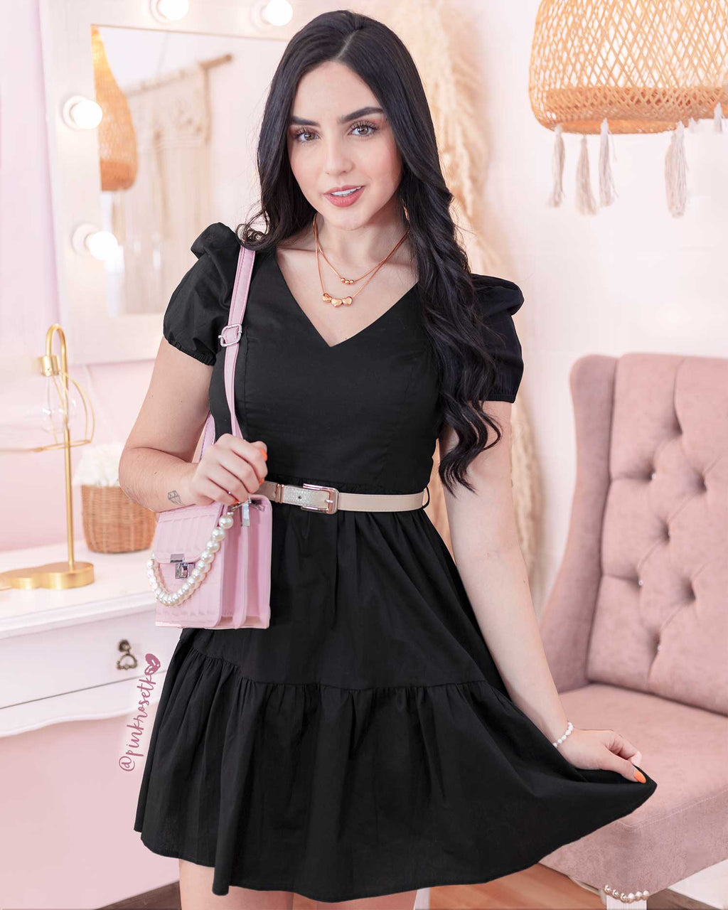 Vestido Rosa Cinturon Negro Lazo Cinturon Negro Para Vestido De