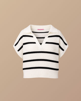 Chaleco blanco tejido con cuello y líneas negras Pink Rose