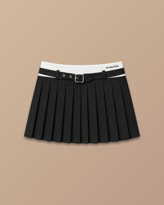 Falda short negra de tablas con pretina blanca y hebilla, Pink Rose