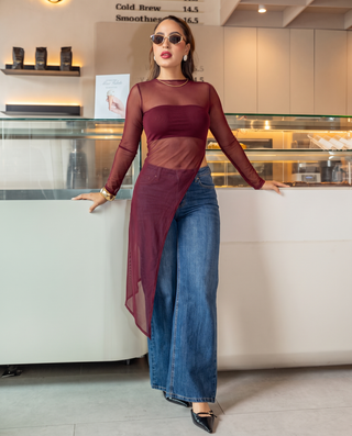 BLUSA VINO TINTO MANGA LARGA TIPO BLUSON EN MALLATEX