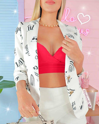 Blazer blanco manga recogida estampado cute chic