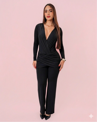 ENTERIZO NEGRO MANGA LARGA DRAPEADO EN LA CINTURA