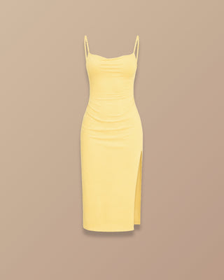 Vestido amarillo Largo con Escote Cuadrado y Tiras