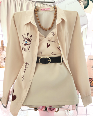 CAMISA MANGA LARGA CON CROP TOP Y ESTAMPADO DE OJOS Y CORAZON