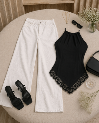 BLUSA NEGRA LARGA CORTE EN DIAGONAL CON ENCAJE