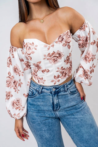 Blusa de Manga Larga y estampado de Rosa con Escote de Corazón