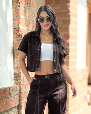 Blusa de Jean Manga Corta con 4 Botones y Bolsillo