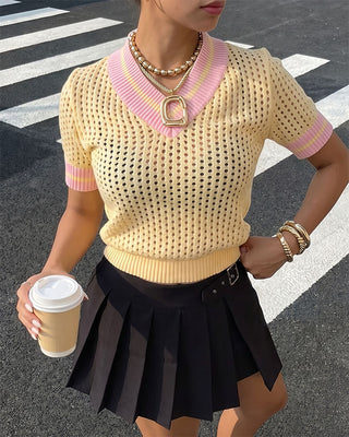 BLUSA AMARILLA TEJIDA DE HUEQUITOS Y CUELLO EN V