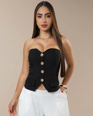 BLUSA NEGRA STRAPPLE CON 4 BOTONES DORADOS Y  BOLSILLOS FALSOS