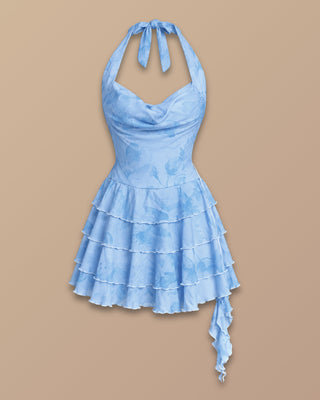 VESTIDO ESTAMPADO EN MALLATEX CON BOLEROS Y TIRA AL CUELLO
