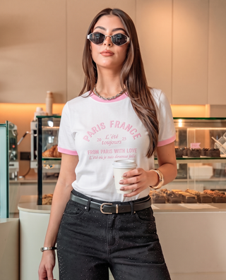 CAMISETA BLANCA LARGA MANGA CORTA PARIS FRANCE
