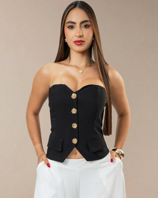 BLUSA NEGRA STRAPPLE CON 4 BOTONES DORADOS Y  BOLSILLOS FALSOS