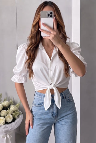 CAMISA BLANCA DE SATIN MANGA 3/4 Y DE AMARRAR