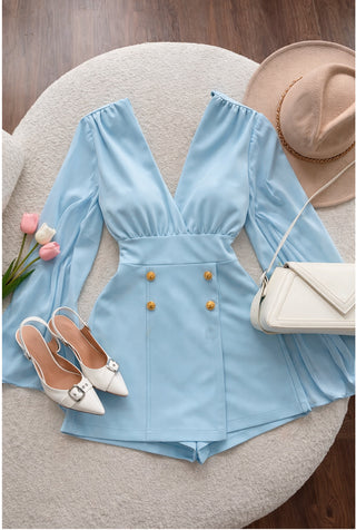 Romper azul manga larga con velo y  botones dorados