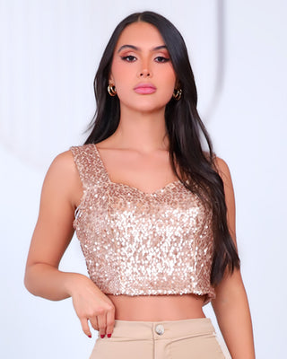 Crop Top Lentejuelas y Escote en Forma de Corazón