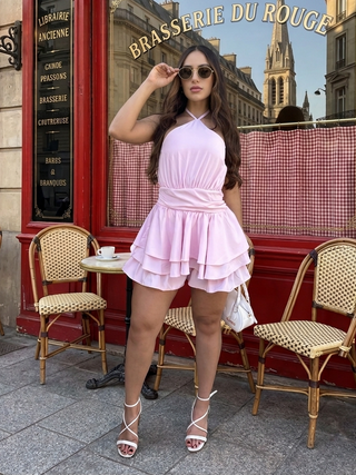 ROMPER ROSADO DRPAEADO EN CINTURA CON TIRA  DE AMARRAR