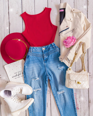 Bodysuit rojo manga sisa cuello redondo