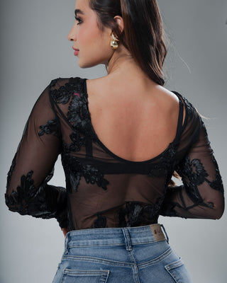 Body de Encaje con Manga Larga y Flores Bordada