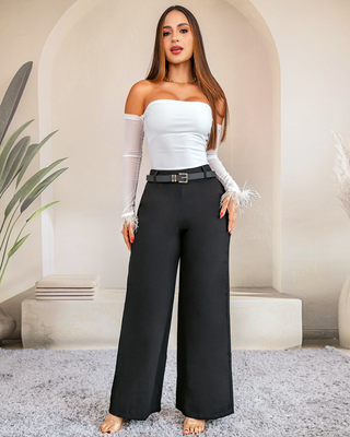 Pantalón negro bota ancha con hebilla dorada — Pink Rose