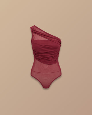 BODY VINO TINTO EN MALLATEX DRAPEADO DE UN SOLO HOMBRO