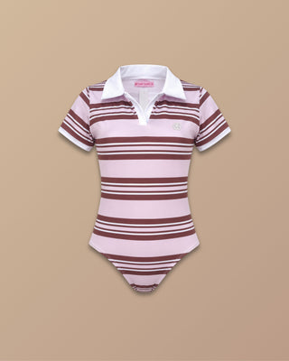 BODY ROSADO DE RALLAS VINO TINTO Y BLANCA MANGA CORTA Y CUELLO