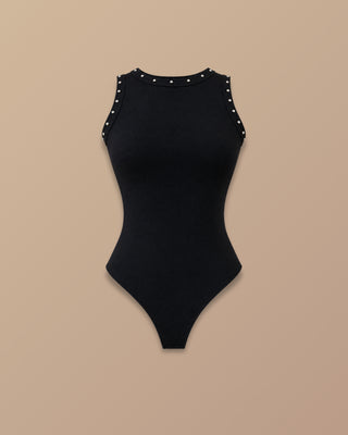 BODY NEGRO EN TEJIDO SEAMLESS SIN MANGAS Y TACHES REDONDOS