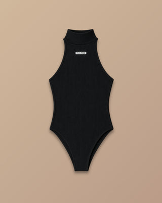 BODY NEGRO DE  RIB SIN MANGAS Y CUELLO HALTER