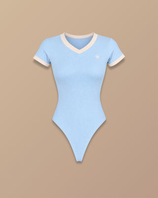 BODY AZUL EN  RIB MANGA CORTA Y CUELLO V
