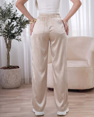 Pantalón Beige de Satín con Líneas y Cordón, vista frontal — Pink Rose
