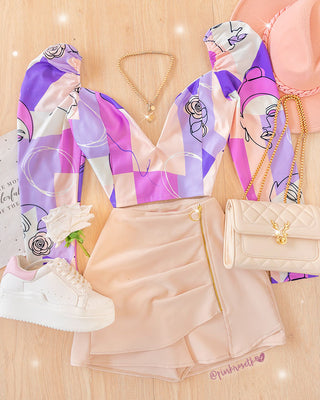Blusa escote corazón, manga larga estampado lila