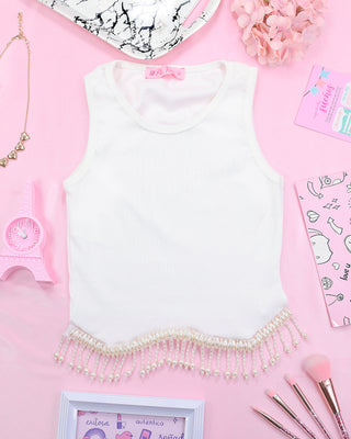 Blusa corta básica blanco en rib con aplique de perlas