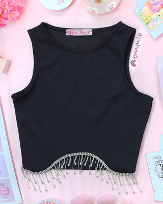 Blusa corta negra en rib con aplique brillante